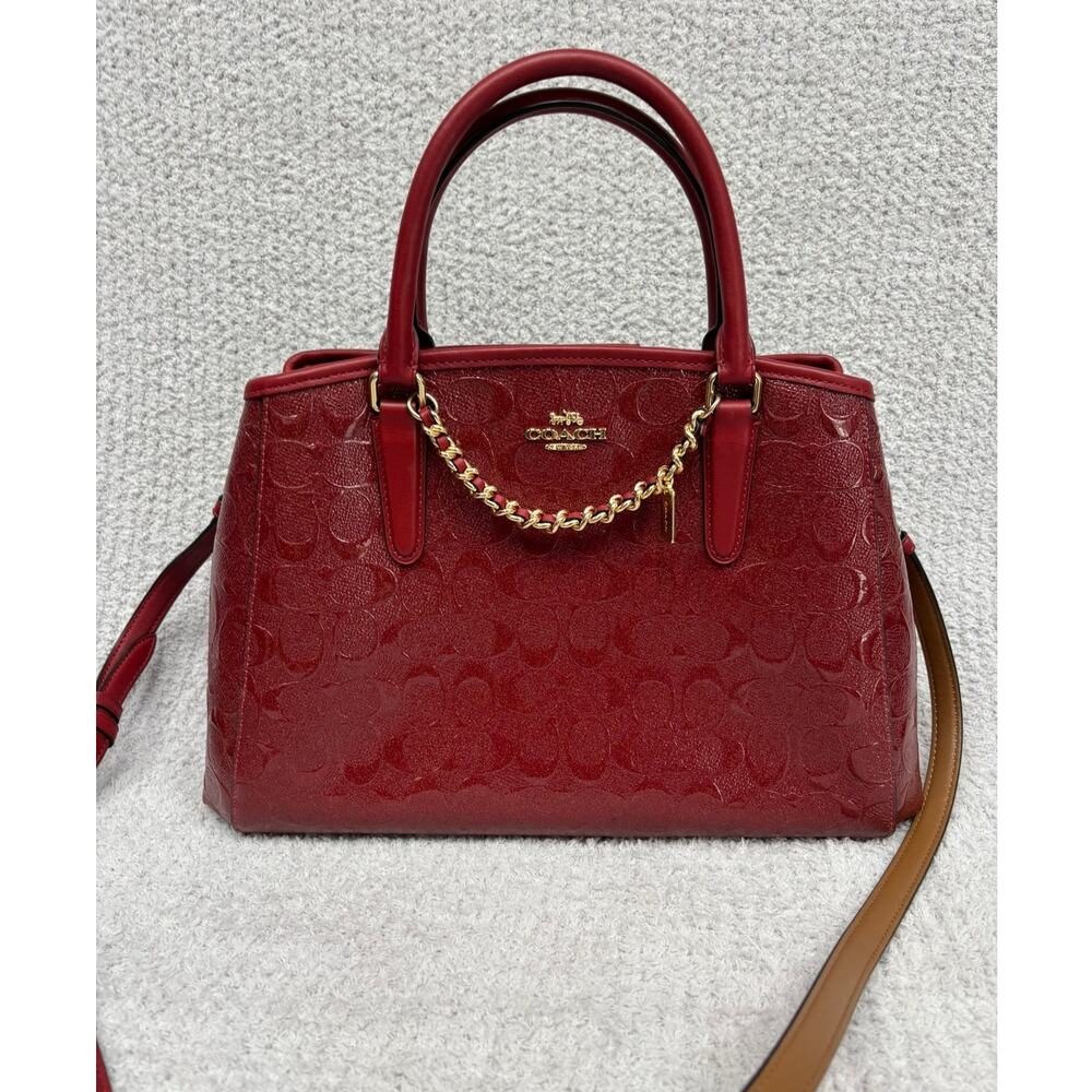 Coach Margot Red Signature C Embossed Leather Carryall Purse F55451  #79760